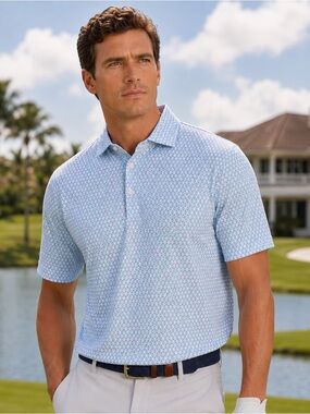 Peter Millar Summer Comfort Polo Shirt | Blue Geometric Print Golf Polo | XL
